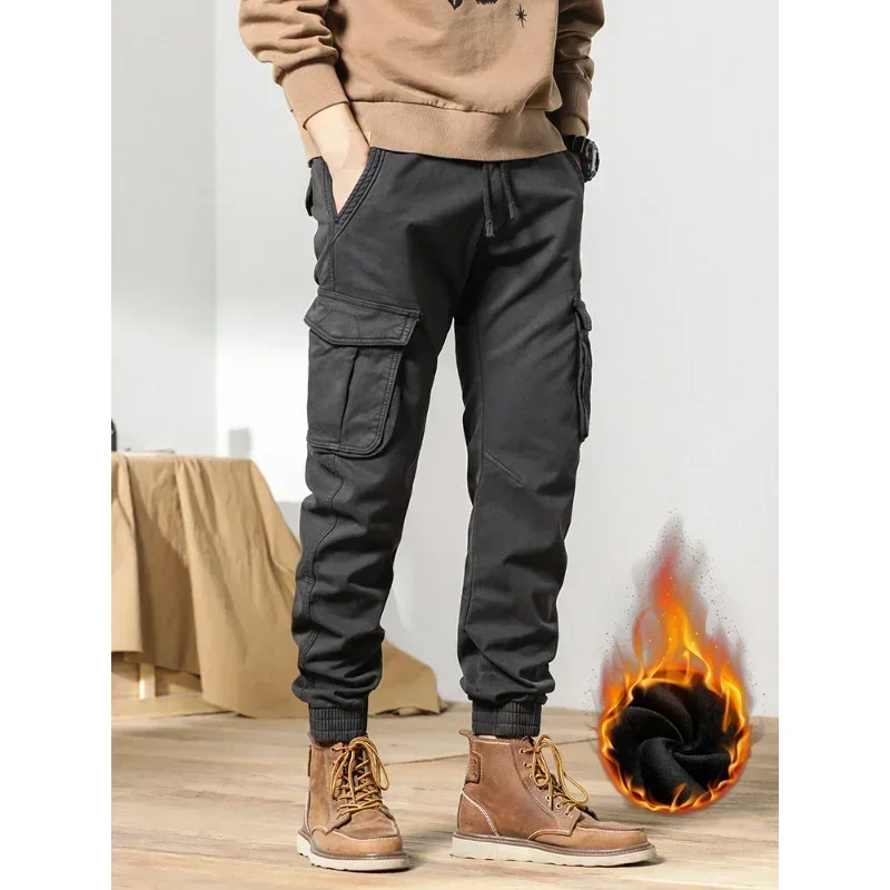 New Multi-Pockets Winter Cargo Pants Men Fleece Liner Thick Warm Slim Fit Joggers Streetwear Casual Cotton Thermal Trousers casual pants