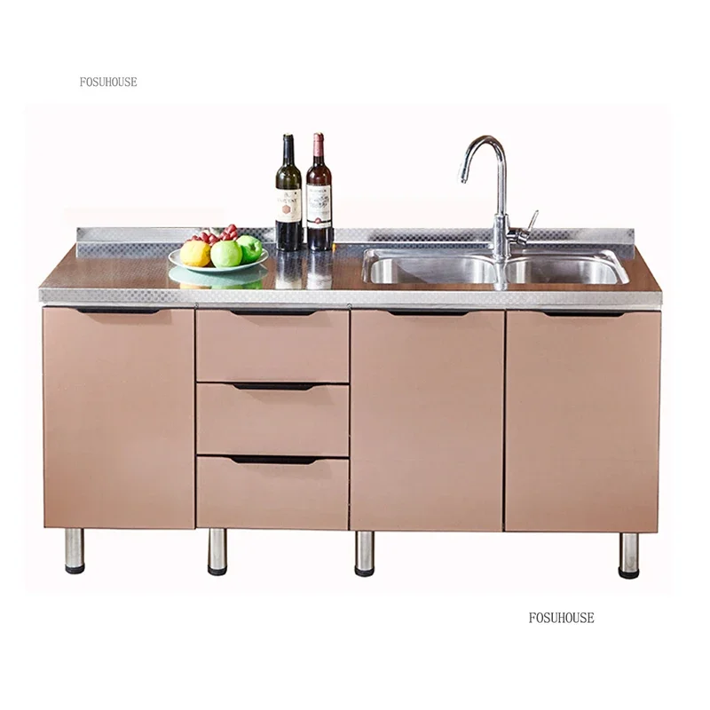 Modern Assembled Kitchen Cabinets for Rental House Economical Stainless Steel Kitchen Island Storage Cabinets Furniture
