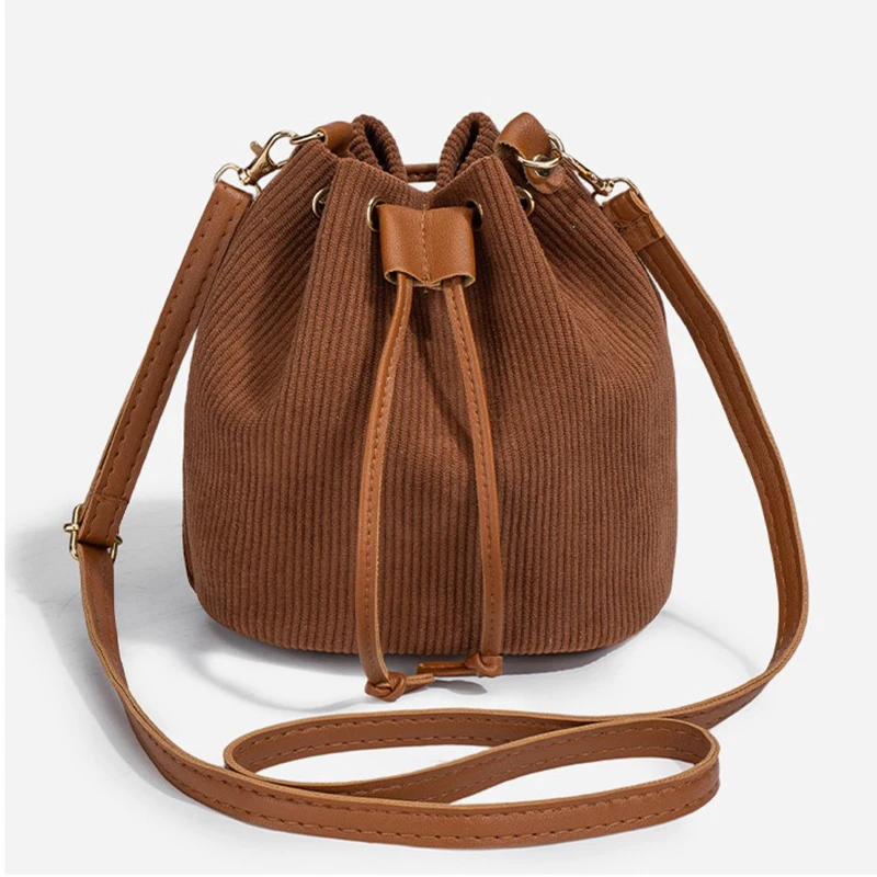 Women Corduroy Bucket Bag Adjustable Strap Shoulder Bag Solid Color Retro Handbag Tote Purse For Work Travel