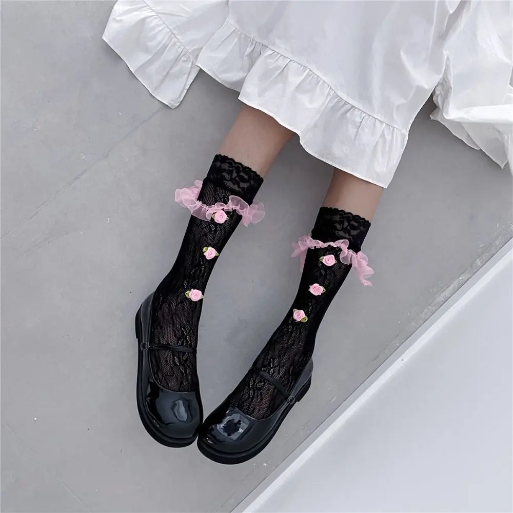 

Носки Lolita в сеточку, повседневные мягкие симпатичные носки Jk, однотонные кружевные носки до середины икры, женские носки средней длины