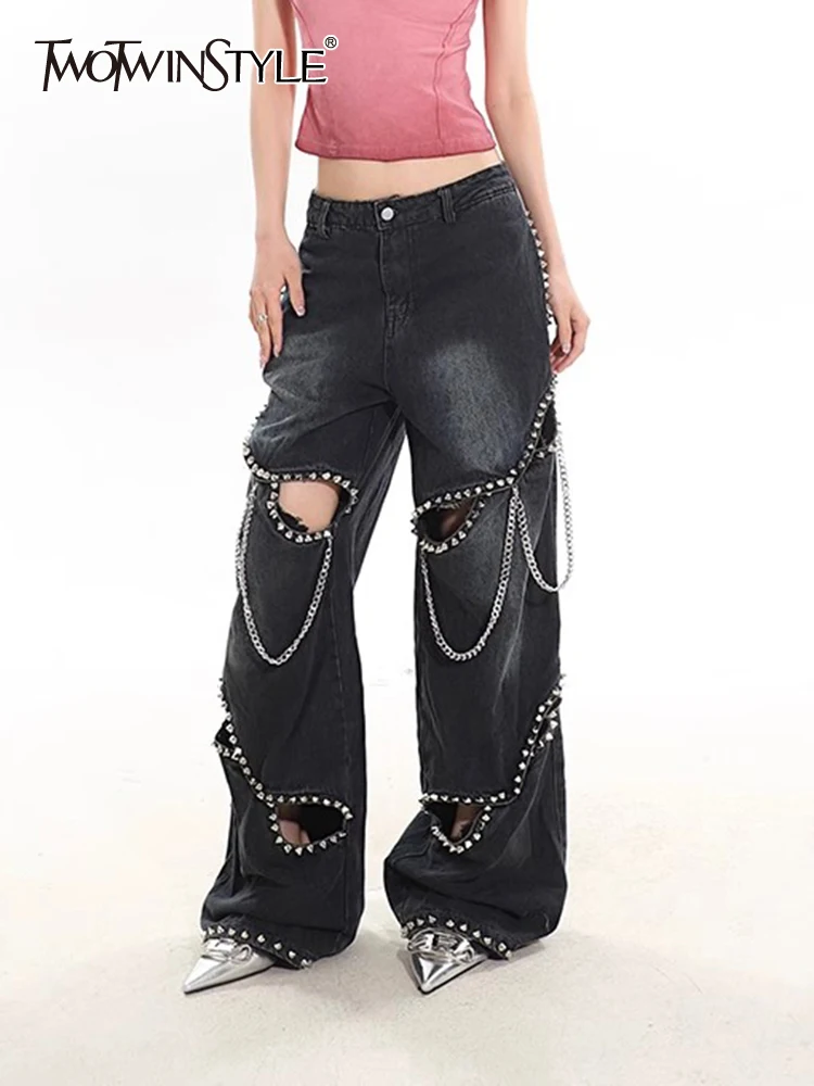 TWOTWINSTYLE Vintage Patchwork Chain Wide Leg Pant For Women High Waist Hollow Out Spliced Button Streetwear Denim Pants Female