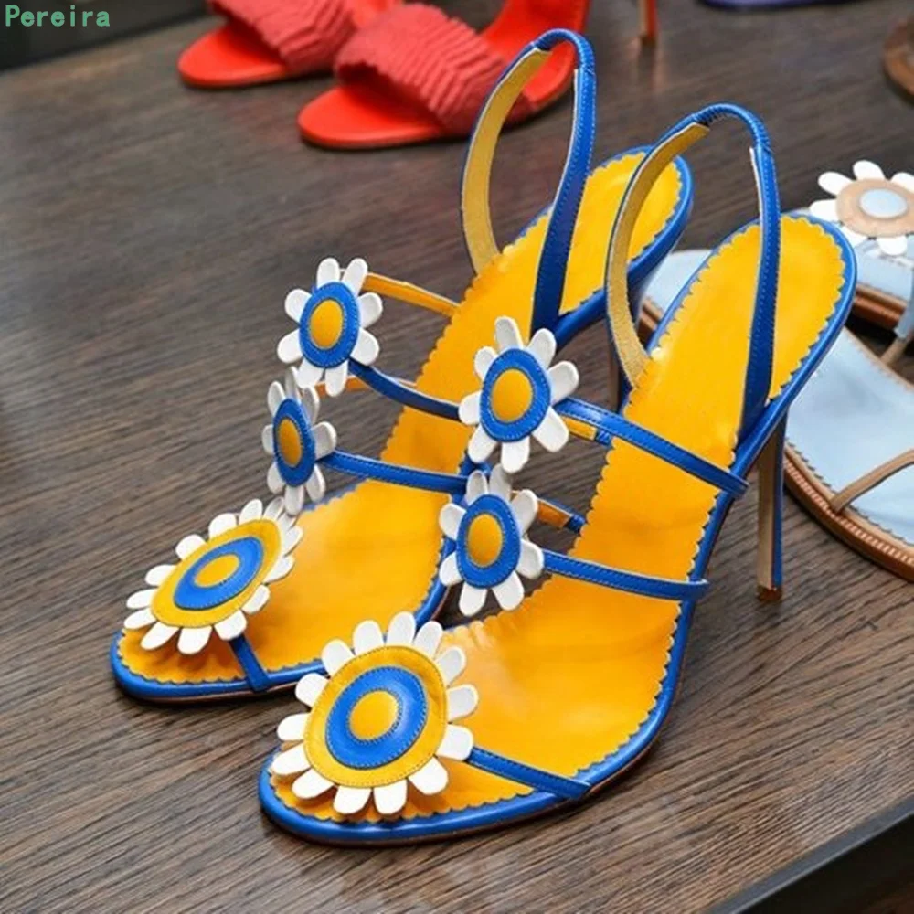 

Yellow Floral Stiletto Sandals 2022 Women's Summer New Arrival Mixed Colors Back Straps Round Toe Hollow Sexy Party Shoes