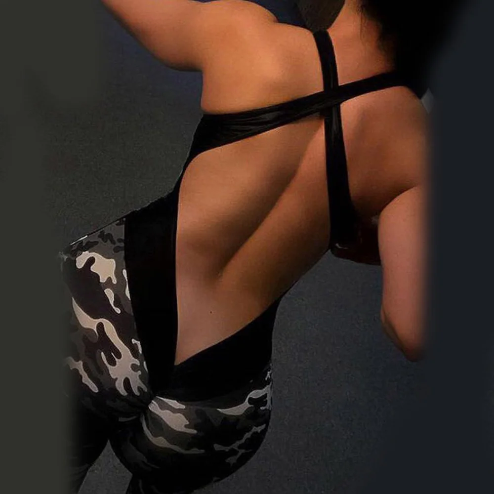 Krismile  Camouflage Casual Bodycon Romper For Women Female Backless Sexy Sport Jumpsuits 2024 Summer New Fashion