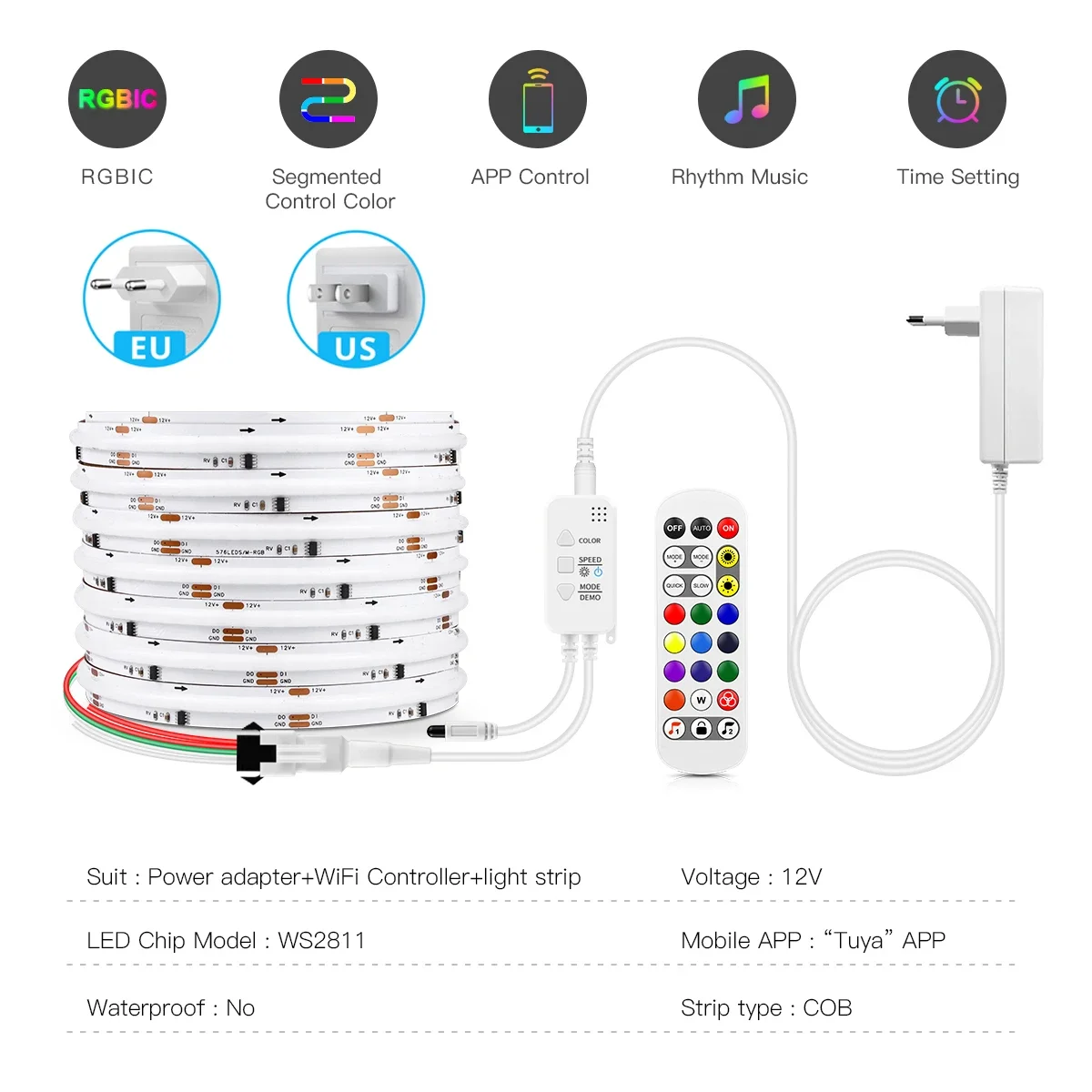 Tira LED RGB COB Inteligente WiFi Tuya - 12V Control Remoto