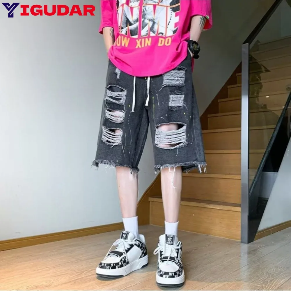 

2024 Hip Hop Ripped Denim Shorts Streetwear Men Vintage Destroyed Hole Baggy Jeans Pants Fashion Summer Thin style Loose Shorts