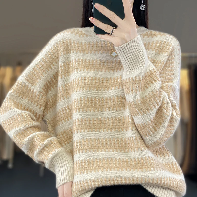 

Fall 2024 New Crew-neck Striped Cashmere Sweater Women's Color Contrast Sweater With Loose Wool Knit Base Long Sleeve