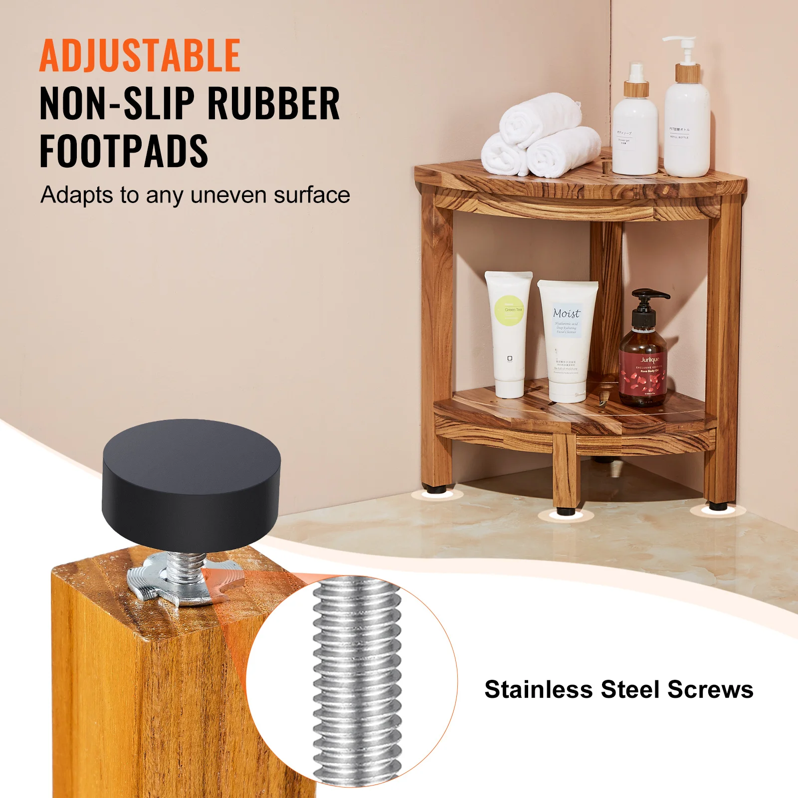 VEVOR Corner Teak Shower Bench 100% Teak Wood Corner Shower Beach Mold resistant Stool for Inside Outside Bathroom