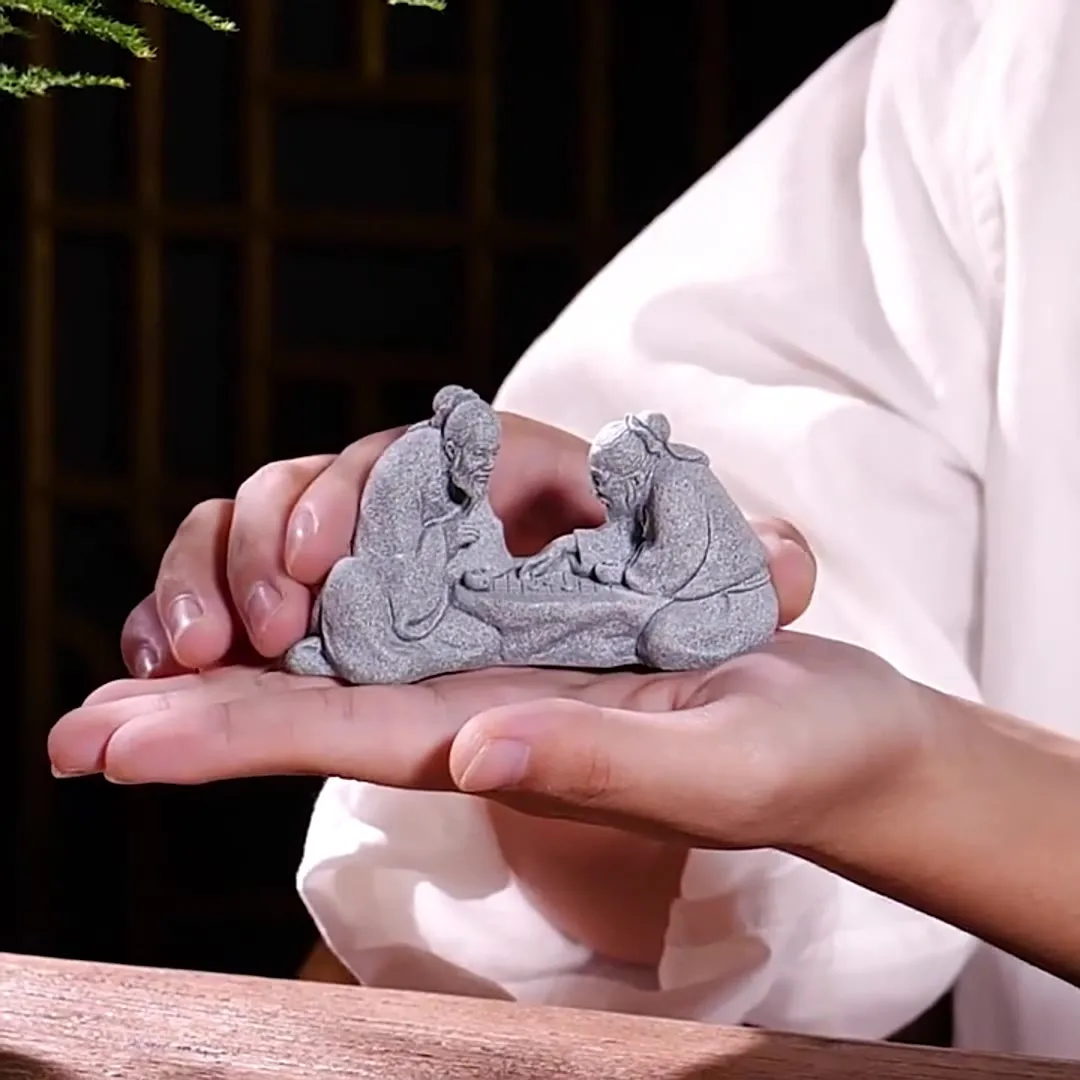Zen-Garten Figuren Set – 3 Alte Schachspieler Aus Sandstein, Perfekt Für Garten, Bonsai Oder Deko Im Wohnbereich