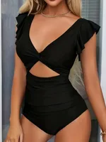 Maillot de bain une pièce en maille contrastée, col en V, couleur unie, dos nu, contrôle du ventre, coupe haute, vêtements et maillots de bain pour femmes 1