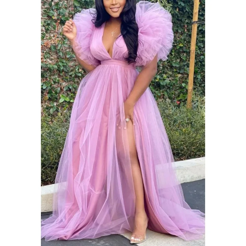 

Puff Mesh Short Sleeves Women Party Dress Plus Size 5XL Side Split Deep V Neck Sexy Club Dresses 2023 Charming Birthday Dresses