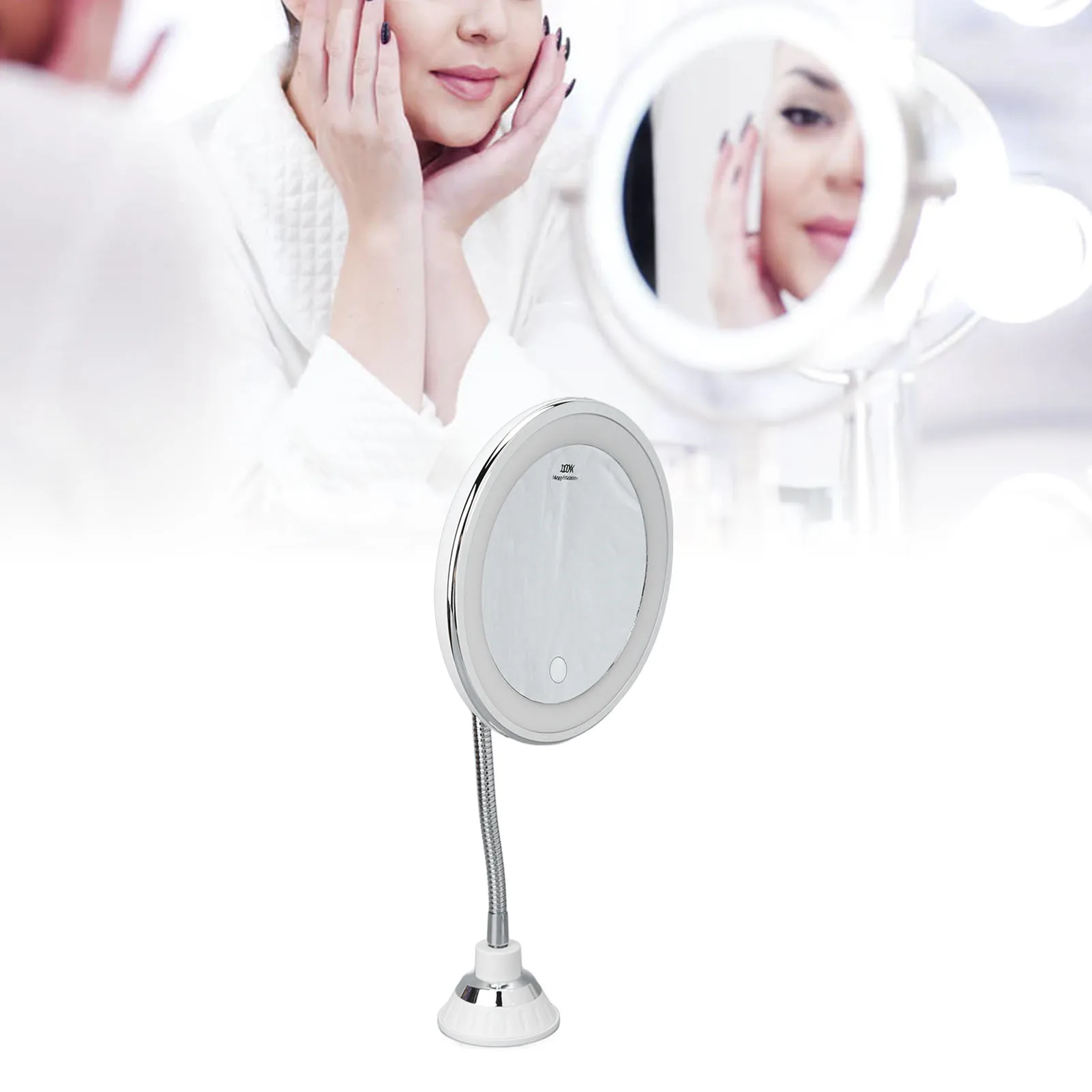 Flexible Gooseneck Makeup Mirror With LED Light 10X Magnifying Mirror Suction Cup Bright Diffused Light and 360 Degree Swivel