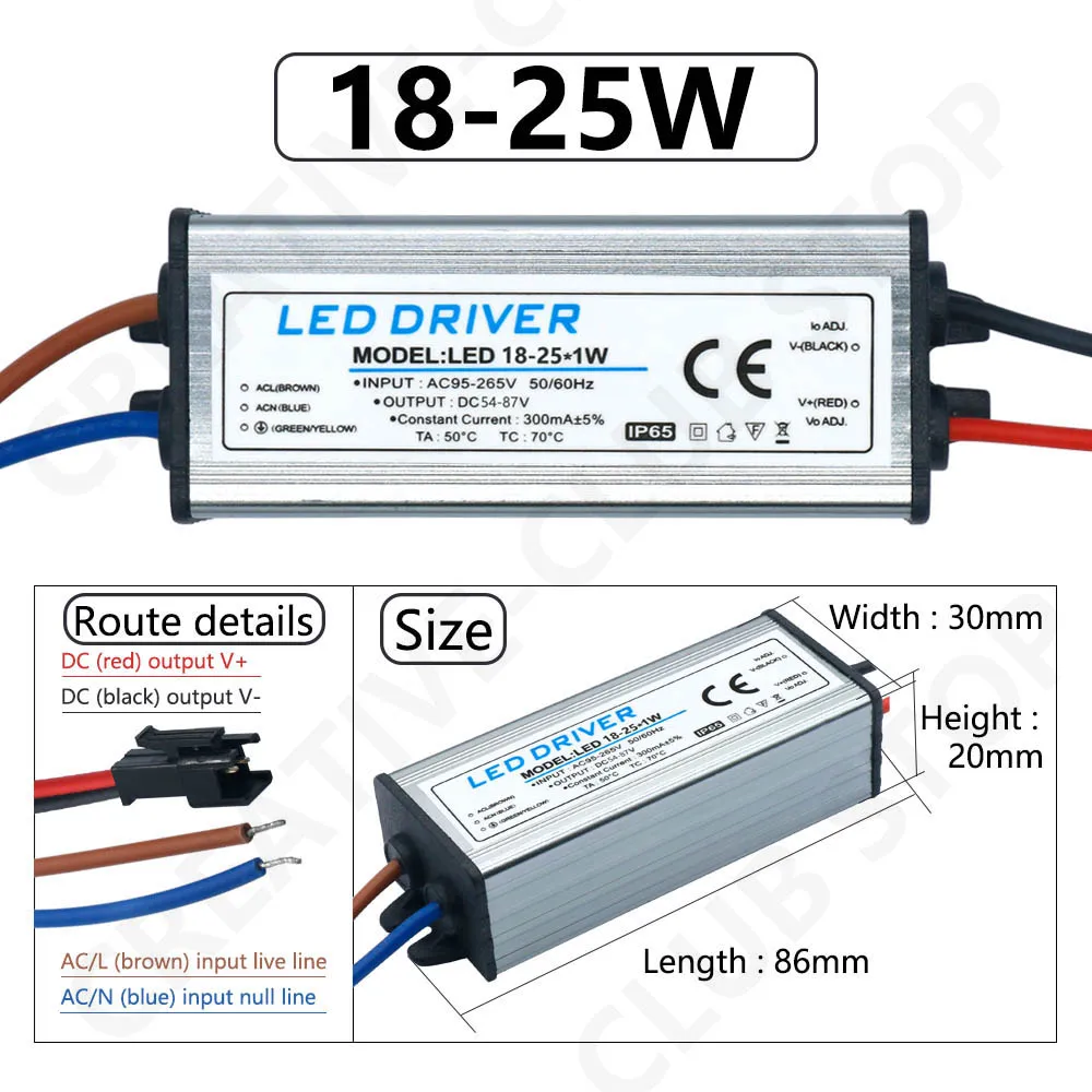 Controlador LED 1-3W 4-7W 8-12W 12-18W 18-25W 25-36W adaptador transformador AC85V-265V fuente de alimentación de 300mA para Panel de luz