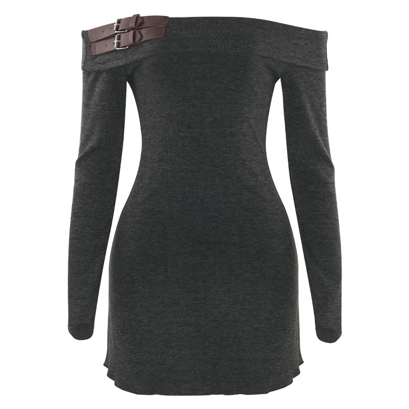 y2k Dress Women Aesthetic Clothing Leather Buckle Off Shoulder Long Sleeve Bodycon Dress Sexy Cocktail Party Dresses