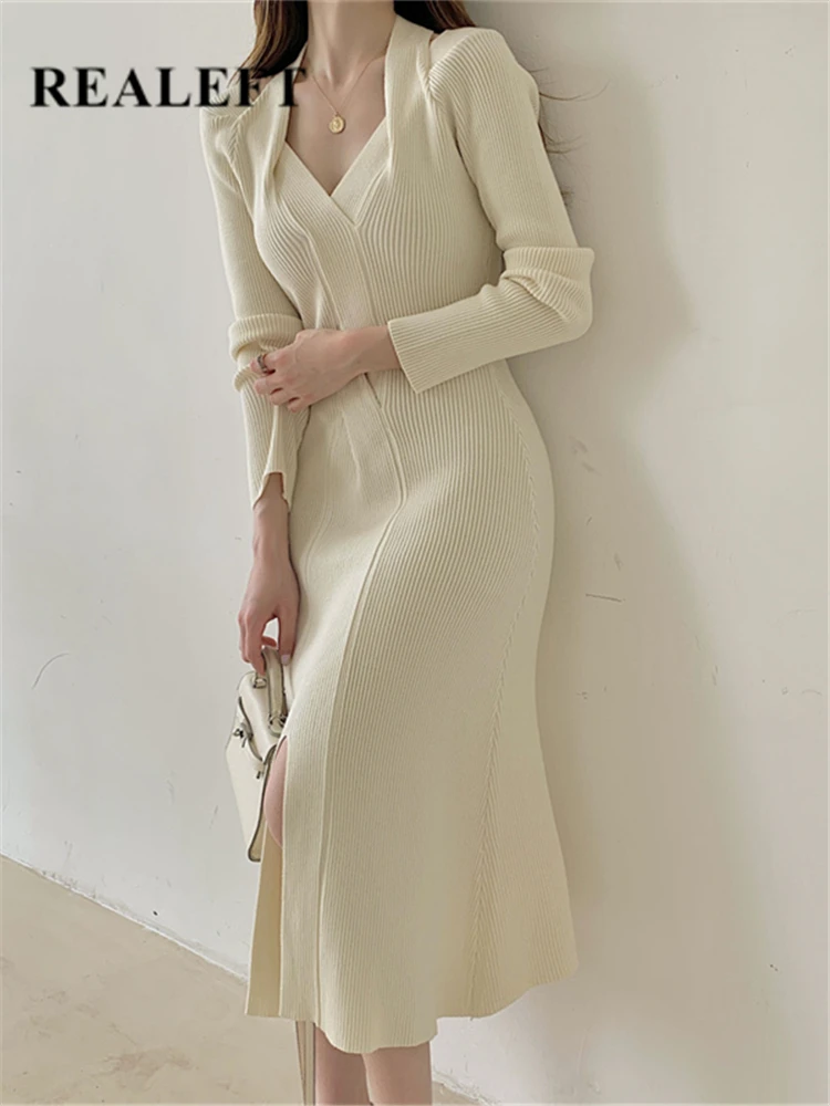

Осенне-зимние вязаные женские платья REALEFT с V-образным вырезом и разрезом спереди, трикотажная одежда с длинным рукавом, женское длинное платье, новинка 2022