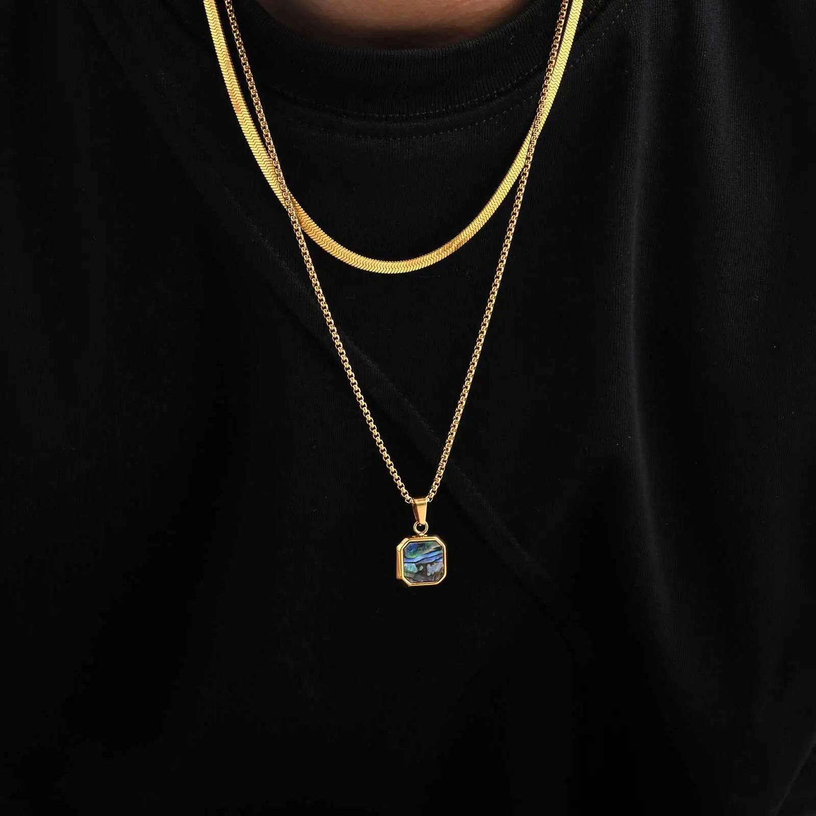 Trendy Abalone Shell Necklace for Men Boys,2pcs/set Stainless Steel Squre Pendant Necklace,Trendy Birthday Party Jewelry Gift