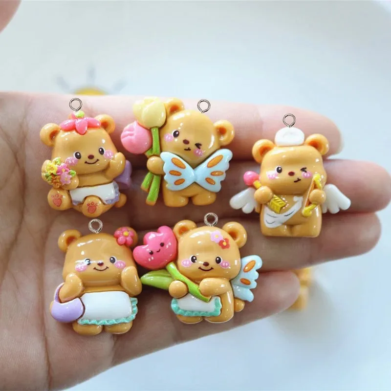 10개 꽃 귀여운 작은 곰 레진 참 장식품 귀걸이 키체인 DIY 쥬얼리 제작 재료