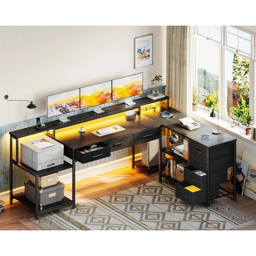 79" L Shaped Desk with 7 File Drawers, 2 Power Outlets & Monitor Shelf, Storage Shelves, LED Light, Black, Computer Desk 2