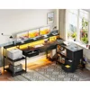 79" L Shaped Desk with 7 File Drawers, 2 Power Outlets & Monitor Shelf, Storage Shelves, LED Light, Black, Computer Desk 2