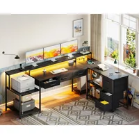 79" L Shaped Desk with 7 File Drawers, 2 Power Outlets & Monitor Shelf, Storage Shelves, LED Light, Black, Computer Desk 2