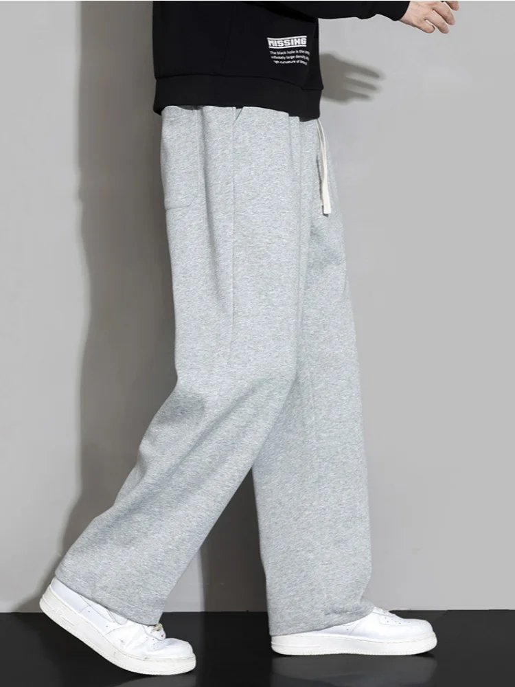 بنطلون واسع الساق للرجال لفصلي الخريف والشتاء، مبطن بالصوف، تصميم مستقيم وفضفاض، بنطلون رياضي كاجوال طويل، بنطلون رياضي أسود