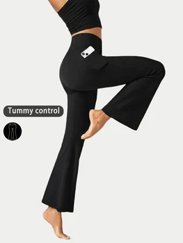 Women's Super Soft Flare Pants with Pockets, High Waisted Tummy Control Workout Yoga Push Up Gym Fitness Leggings Bell Bottoms 1