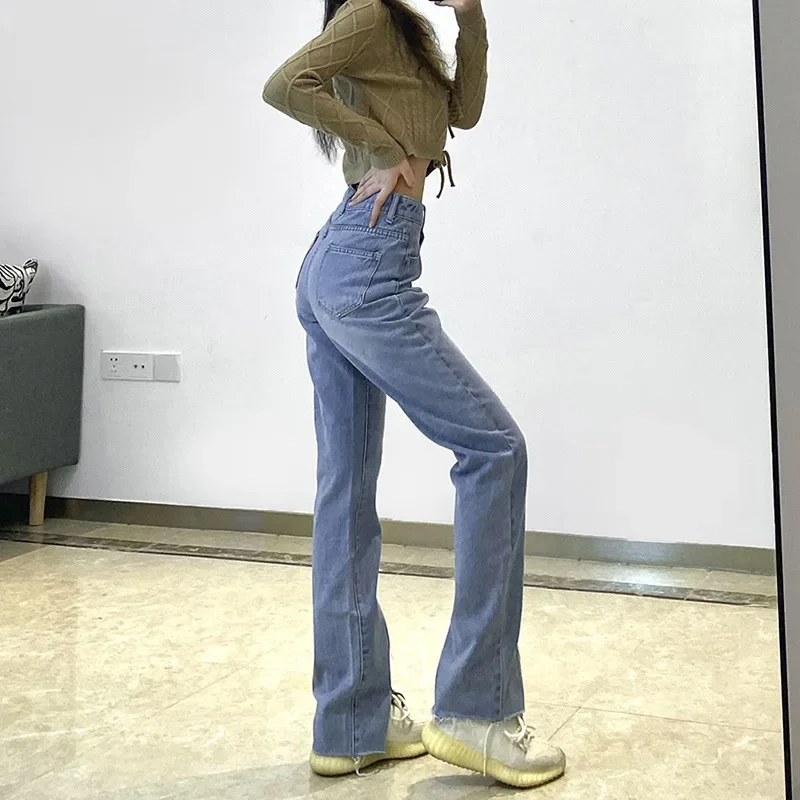 2024 Fall Winter New Style High Waist Fashion Split Vintage Striped Jeans Women Blue Zipper Pants Female Korean Solid Trouser
