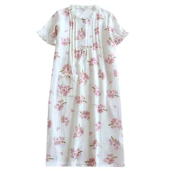 Summer Cotton Short-sleeved Nightgown Ink Printing Pajamas Dress Round Neck Nightwears for Ladies Loose Casual Sexy Sleepwear