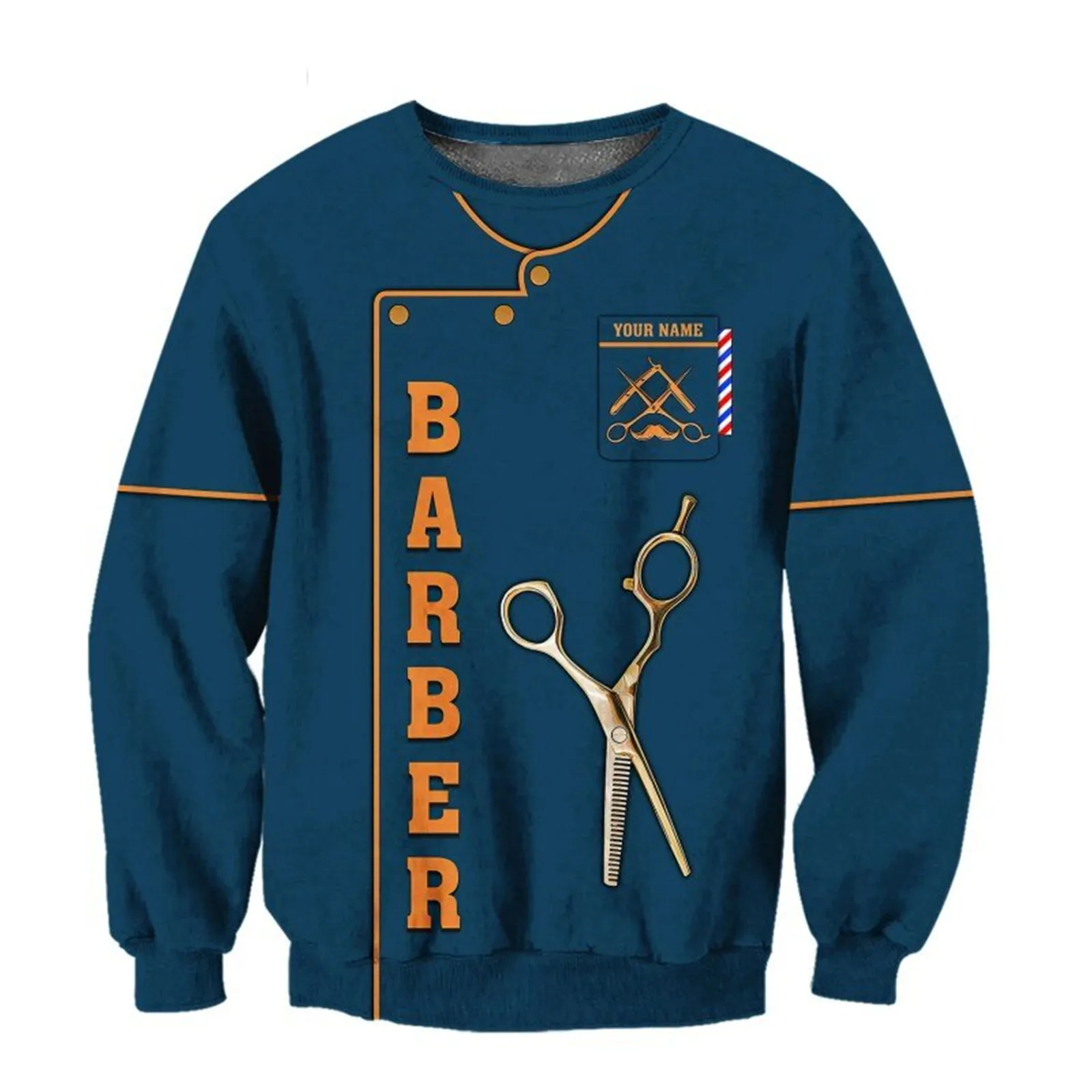 HX Barber Sweatshirts DIY Name Scissors Pattern 3D Printed Hoodies Mens Pockets Zip Up Hoodie Coats Harajuku Men Clothing