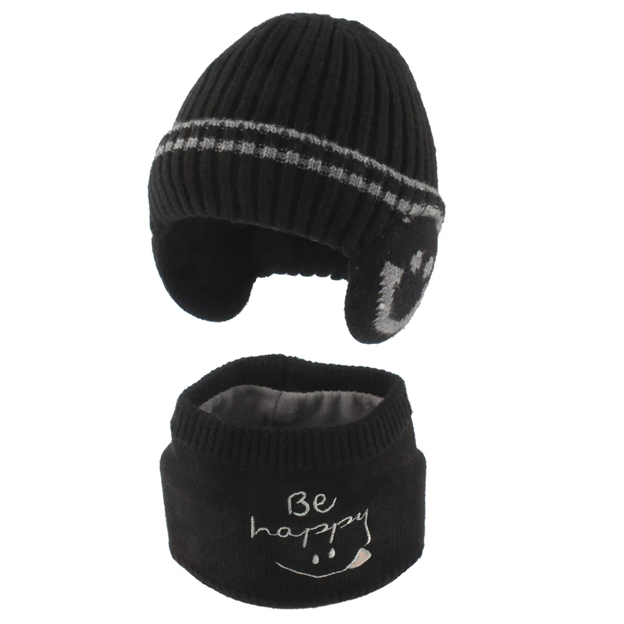 Cartoon Cute Baby Hat Scraf Set Winter Fleece lining Ear Protection Children Cap Outdoor Windproof Warm Knitted Kids Beanie Hats