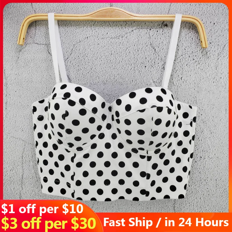 

Dot Print Bodycon Crop Tops Women Sexy V-neck Spandex Spaghetti Strap Chic Sleeveless Harajuku Summer Party Clubwear Camisole