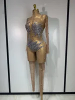 Women Sparkly Rhinestones Mesh See Throug Bodycon Jumpsuit Stage Performance Costume Nightclub Party Luxury Birthday Outfit - Image 2