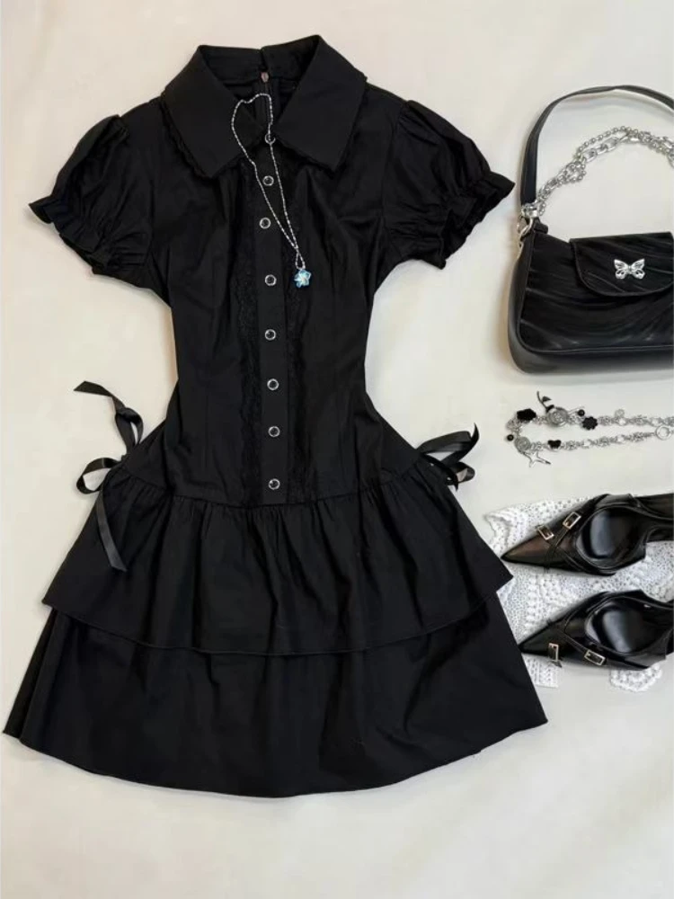 Vintage Black High Street Patchwork Gothic Dress with Bow and Lapel Details