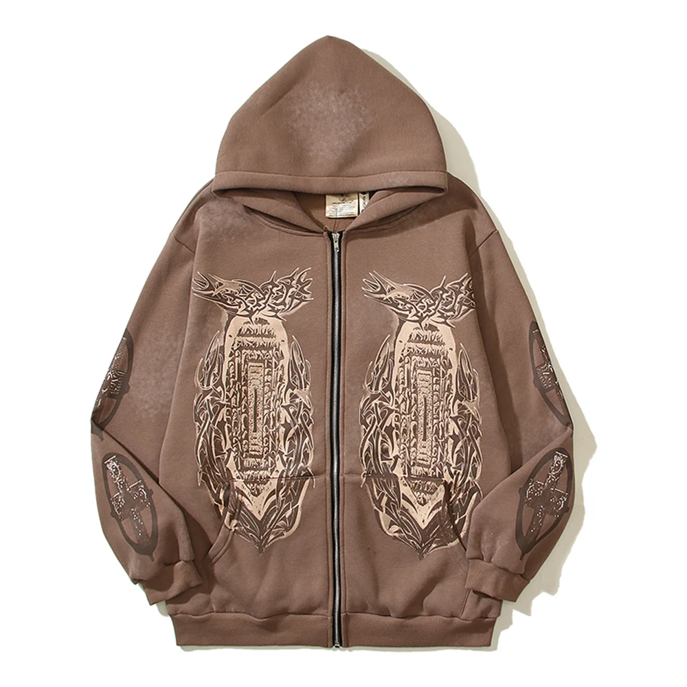 Y2k High Street Mud Dyed Embossed Print Zipper Hooded