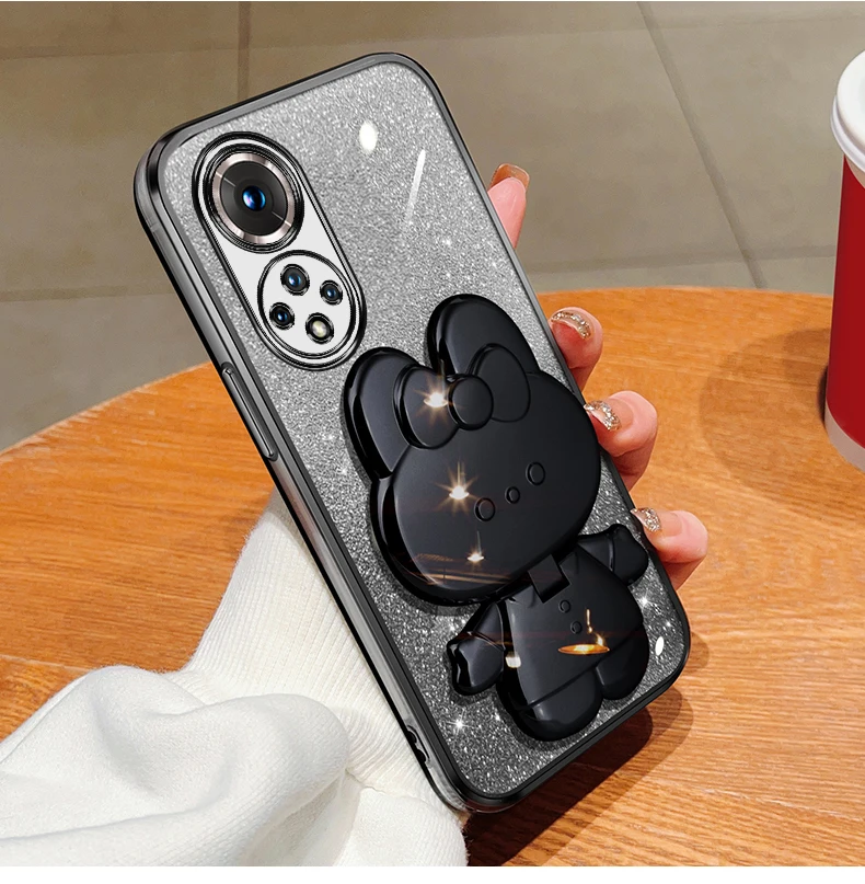 Honor50 Glitter Rabbit Makeup Mirror Holder Case On For Huawei Honor 60 50 90 30 20 Lite 30s Soft Cover Nova 10 11 Pro_voghion.com