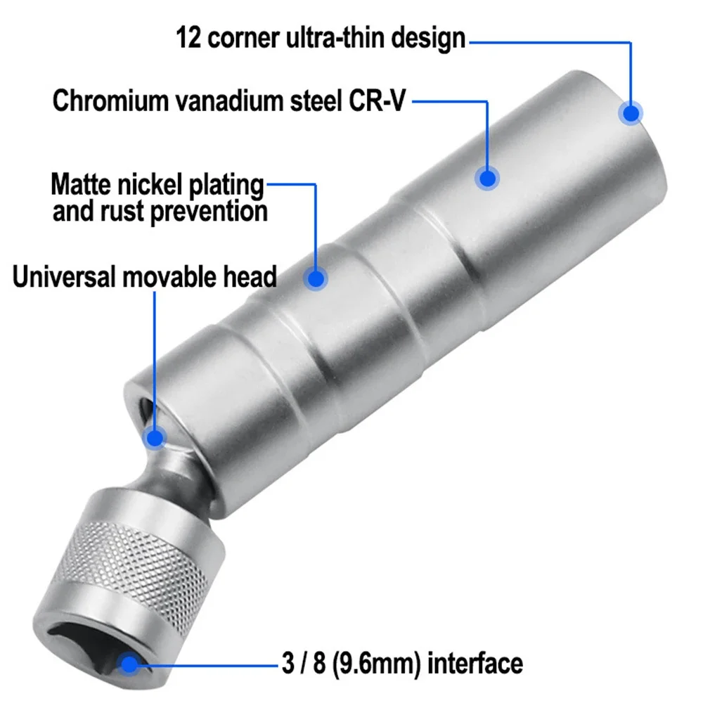 Spark Plug Socket Wrench Adapter Set 1pc 14/16mm Universal Joint with Magnetic Flexible Socket Thin Drive Car Repair Tool