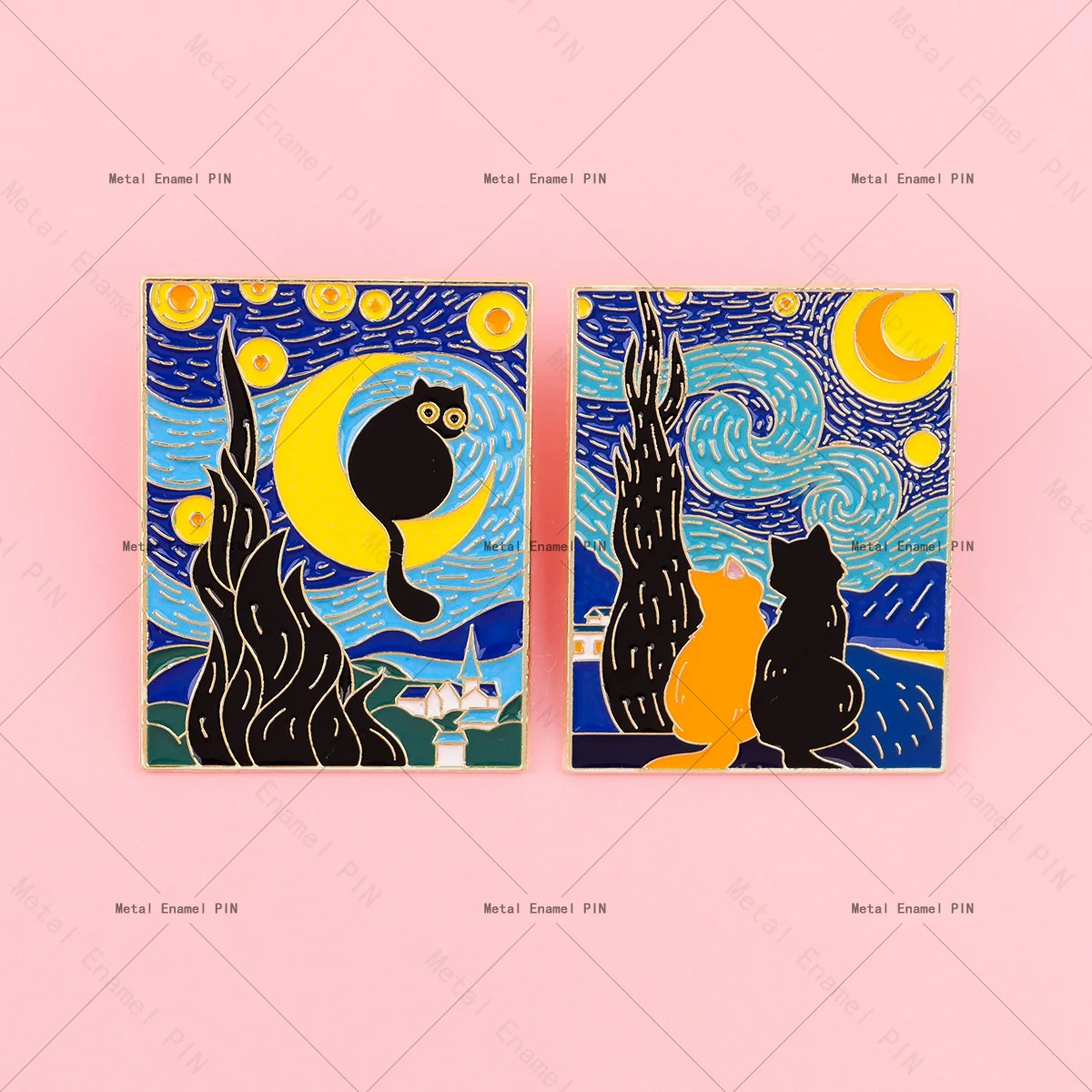 Van Gogh Starry Night Enamel Cat Brooch - Cute Lapel Pin Badge for Backpacks and Costumes - Fashion Jewelry Gift