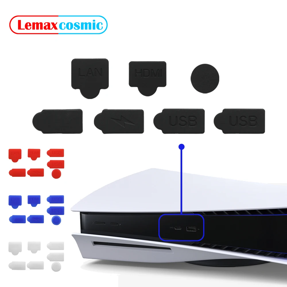 7 Pcs Game Console Silicone Dust Plugs Set  USB HDM Interface Anti-dust Cover Dustproof Plug For Sony Playstation 5 PS5