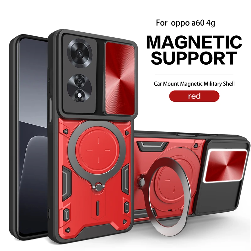 Enhanced Magnetic Ring Armor Phone Case with Slide Lens Protector and Back Cover