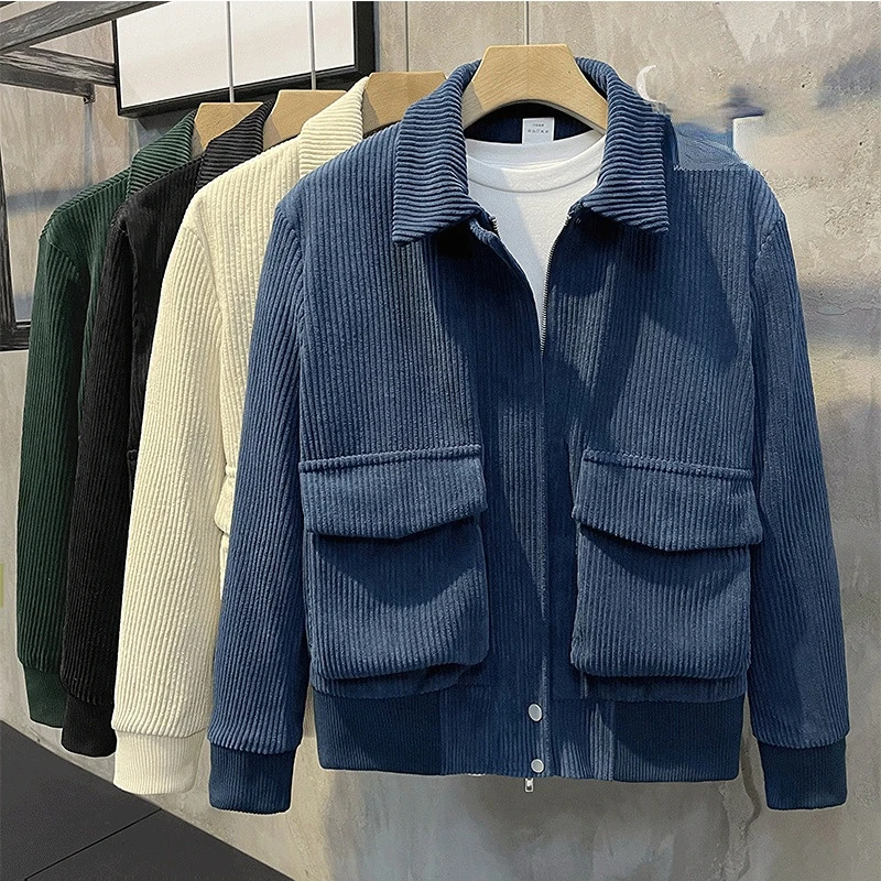

2023 Men's Corduroy Korean Jacket Fashion Casual Lapel Zipper Pocket Streetwear Coat Luxury Clothing Coats Spring and Autumn