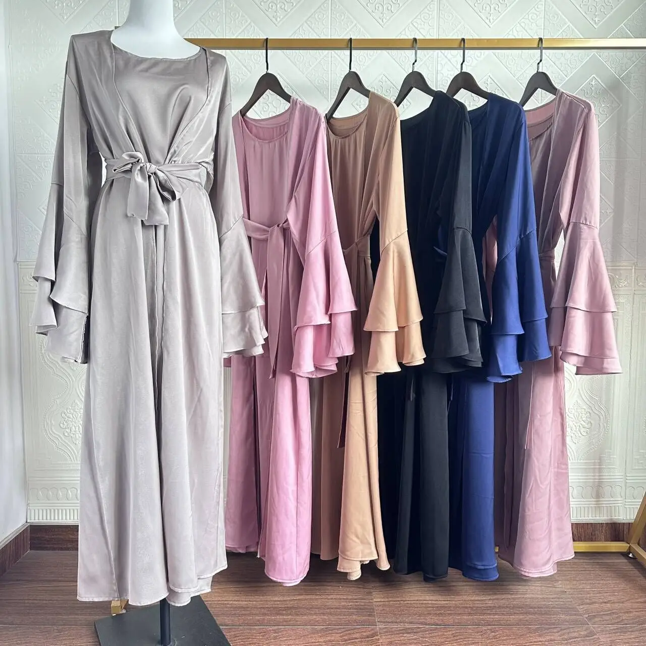 

2 Pieces Set Muslim Women Satin Open Abaya Cardigan Inner Maxi Dress Suit Turkey Dubai Kimono Modest Islam Caftan Jalabiya Robe