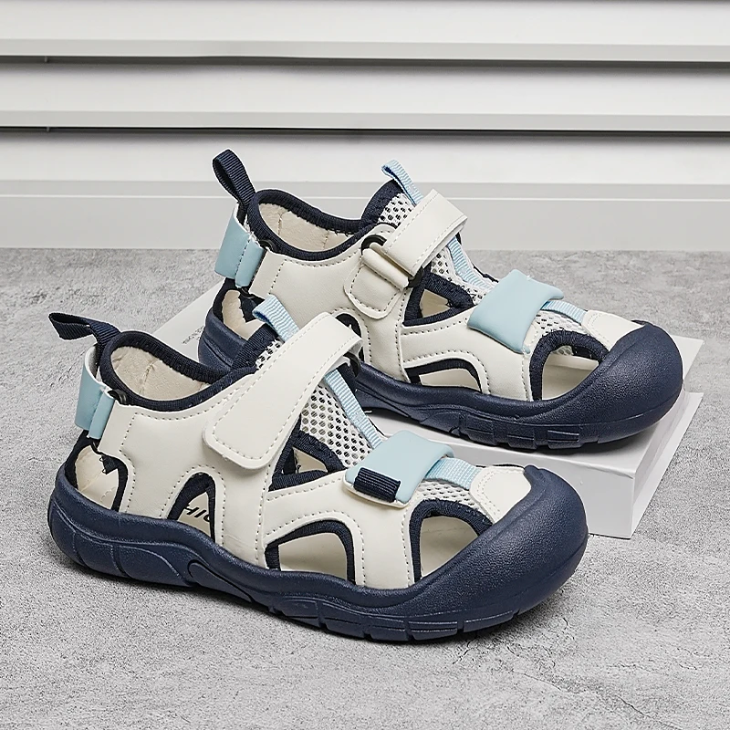 키즈 캐주얼 신발 샌들 PU 가죽 여름 신발 소년용 후크 앤 루프 컬러 블로킹 미끄럼 방지 블루 블랙 신발 사이즈 26-37