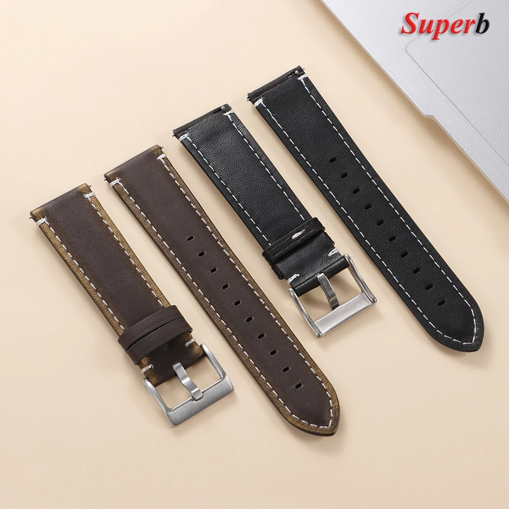 Vintage Brown Oil Wax Leather Watch Strap with Quick Release Pin Buckle