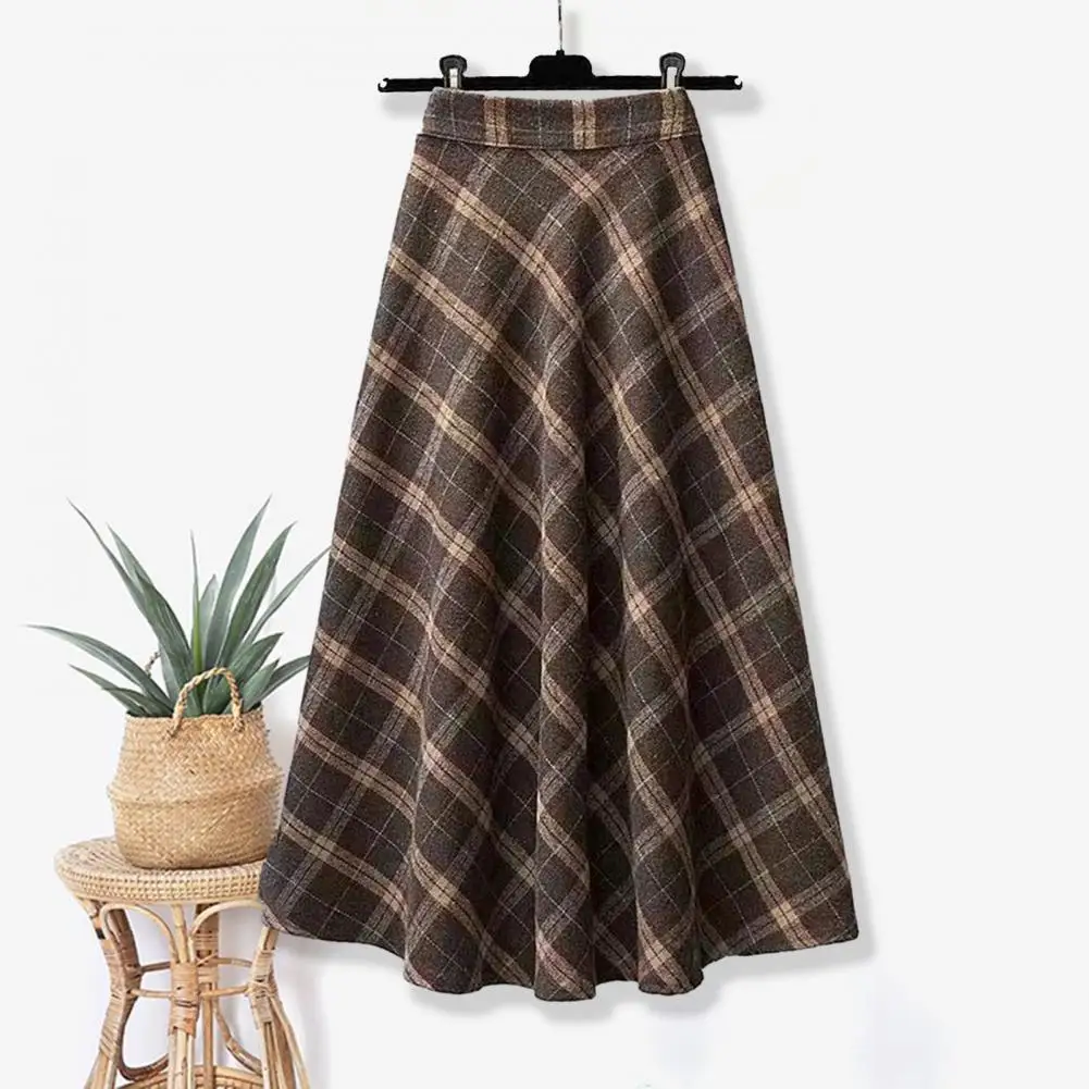 

Winter Large Hem Skirt Plaid Print A-line Midi Skirt with High Elastic Waist for Fall Winter Women's Fashion Big Swing Thick