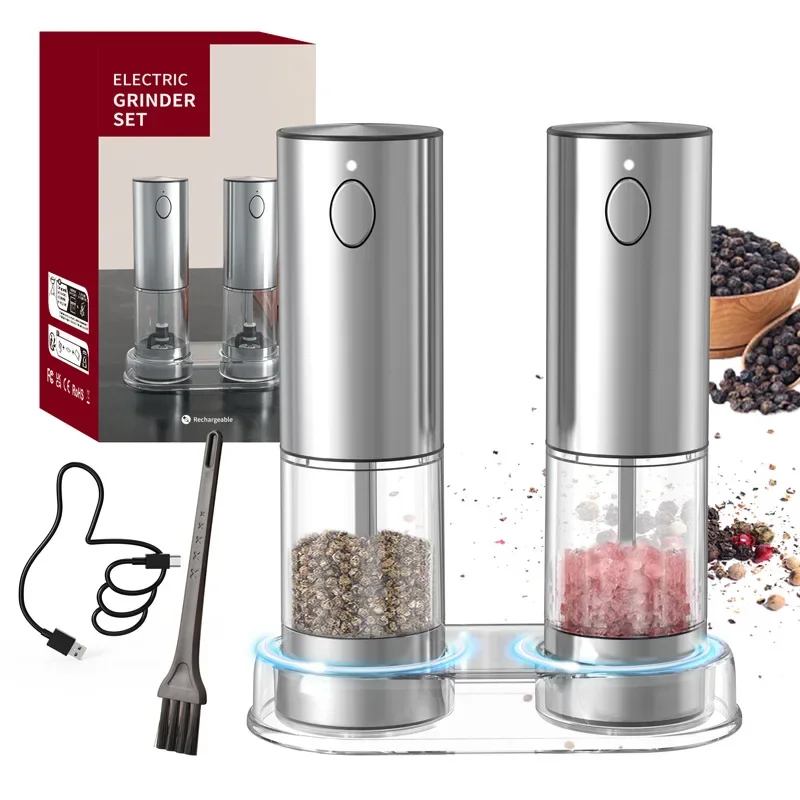 Electric USB Rechargeable Salt Pepper Grinder Set Adjustable Coarseness Auto Grind LED Light Refillable Mills Kitchen Tools