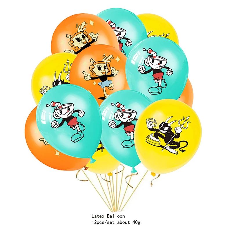 귀여운 CUPHEAD 테마 소년과 소녀 생일 파티 일회용 종이 컵 플레이트 컵케익 배너 라텍스 풍선 세트 장식 용품