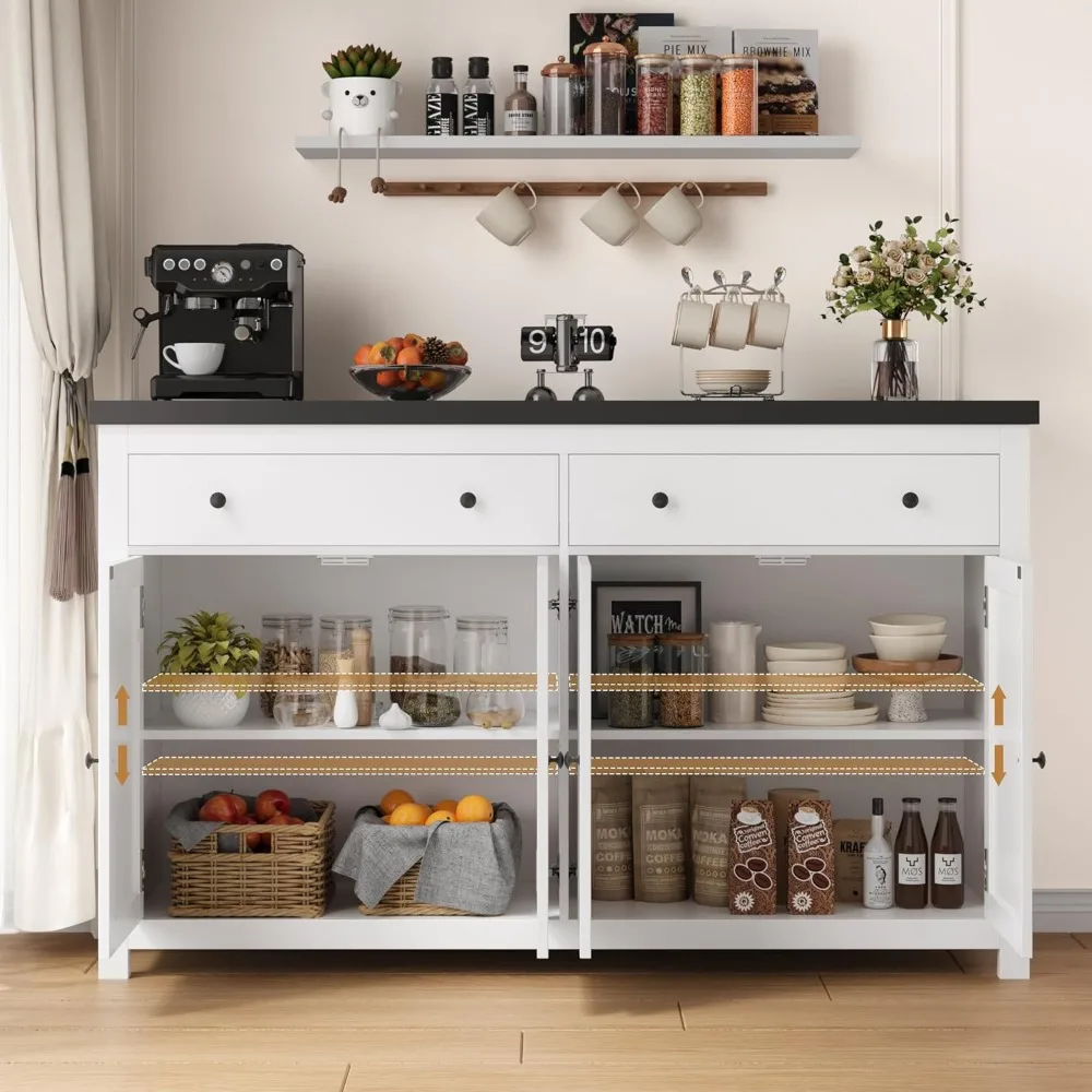 Sideboard with locker, 55 inch large kitchen storage cabinet with 2 drawers, 4 doors, wooden coffee bar cabinet buffet table