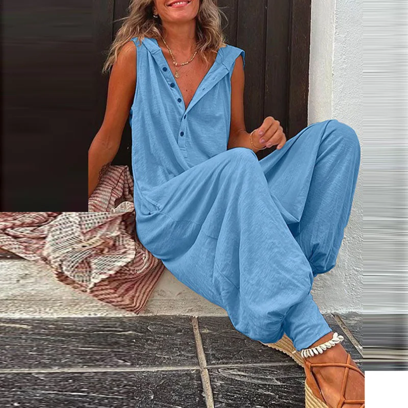 Retro Button Sleeveless Beach Romper Simple Solid Cross-pants Lady Playsuit Women Casual Loose Hooded Jumpsuit Summer Streetwear