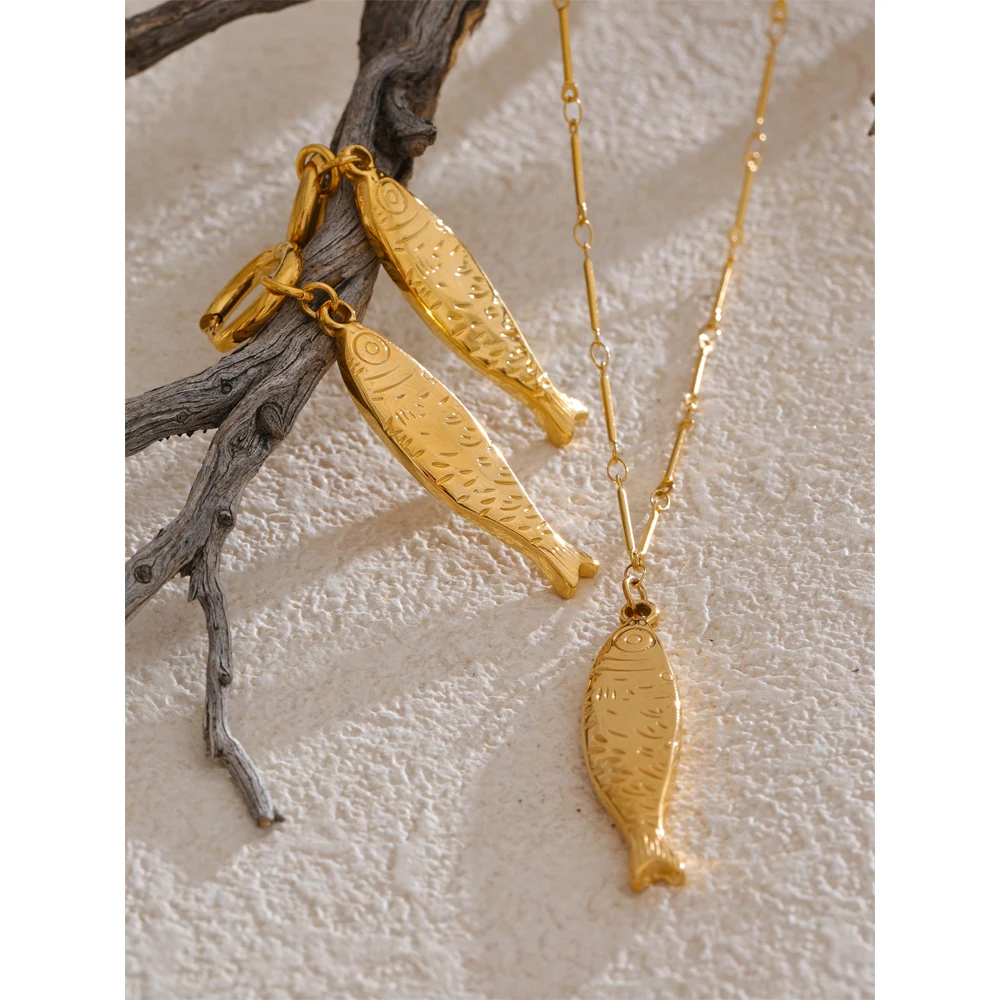 Yhpup Ocean Stainless Steel Fish Pendant Necklace Earrings