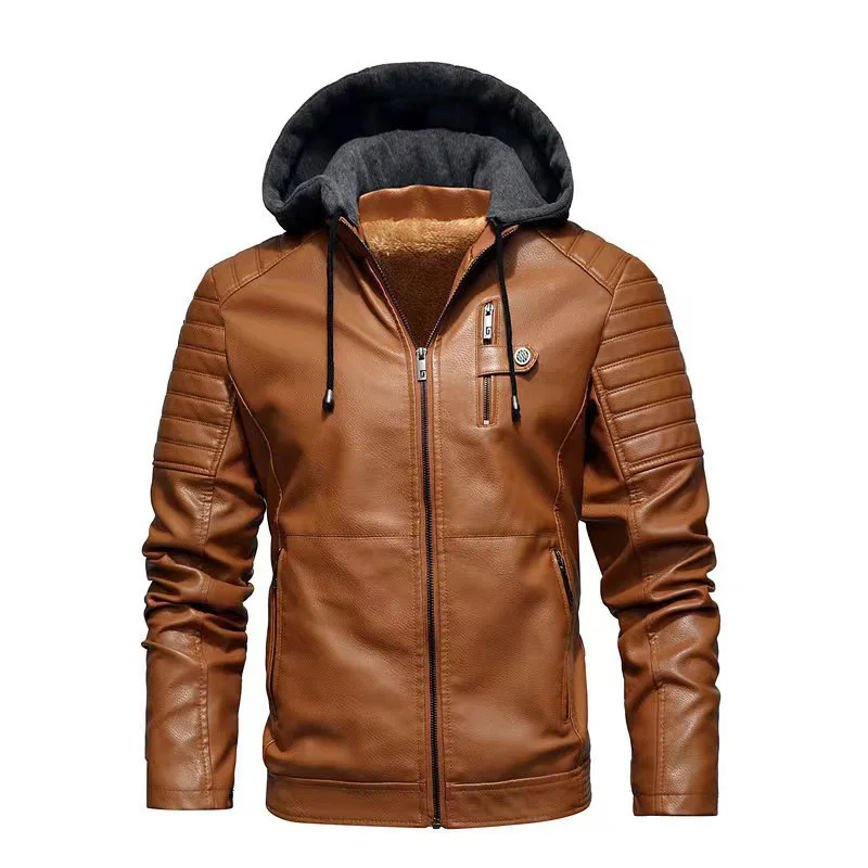 Chaqueta de cuero PU con capucha, forro polar y cremallera para hombre