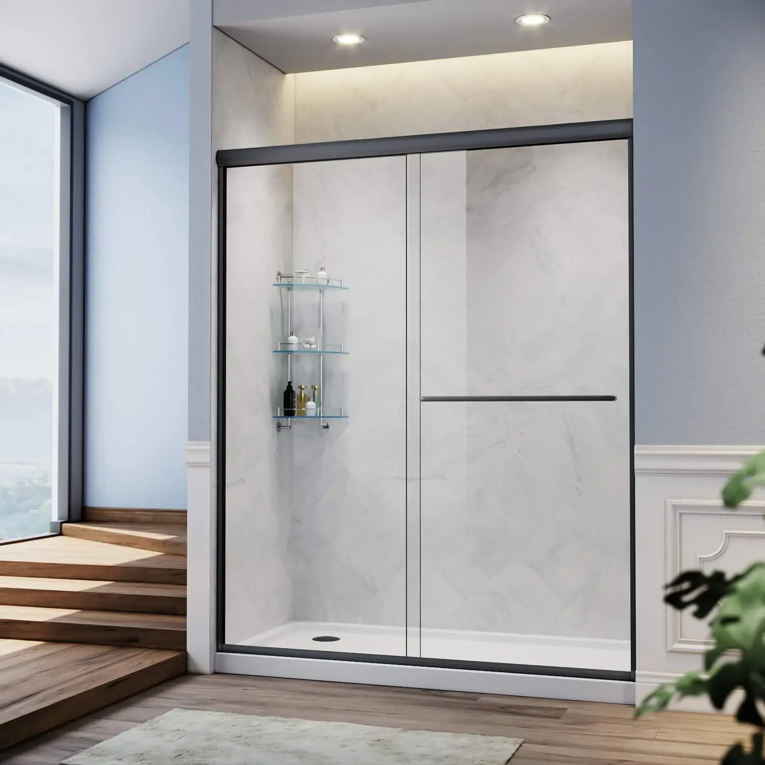 Sliding Shower Door Shower Door Clear Glass Semi Frameless Enclosure Stainless Steel Hardware Black Finish Bypass Glass